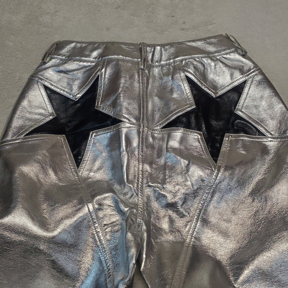 Nasty Gal Silver Faux Leather Black Star Pants Women 4 Rave Party Festival Cyber - Picture 3 of 11